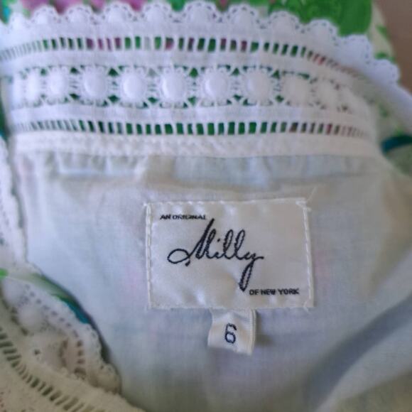 Milly Floral Sun Dress Ping Green Blue Retro Lace Trim - Picture 5 of 8